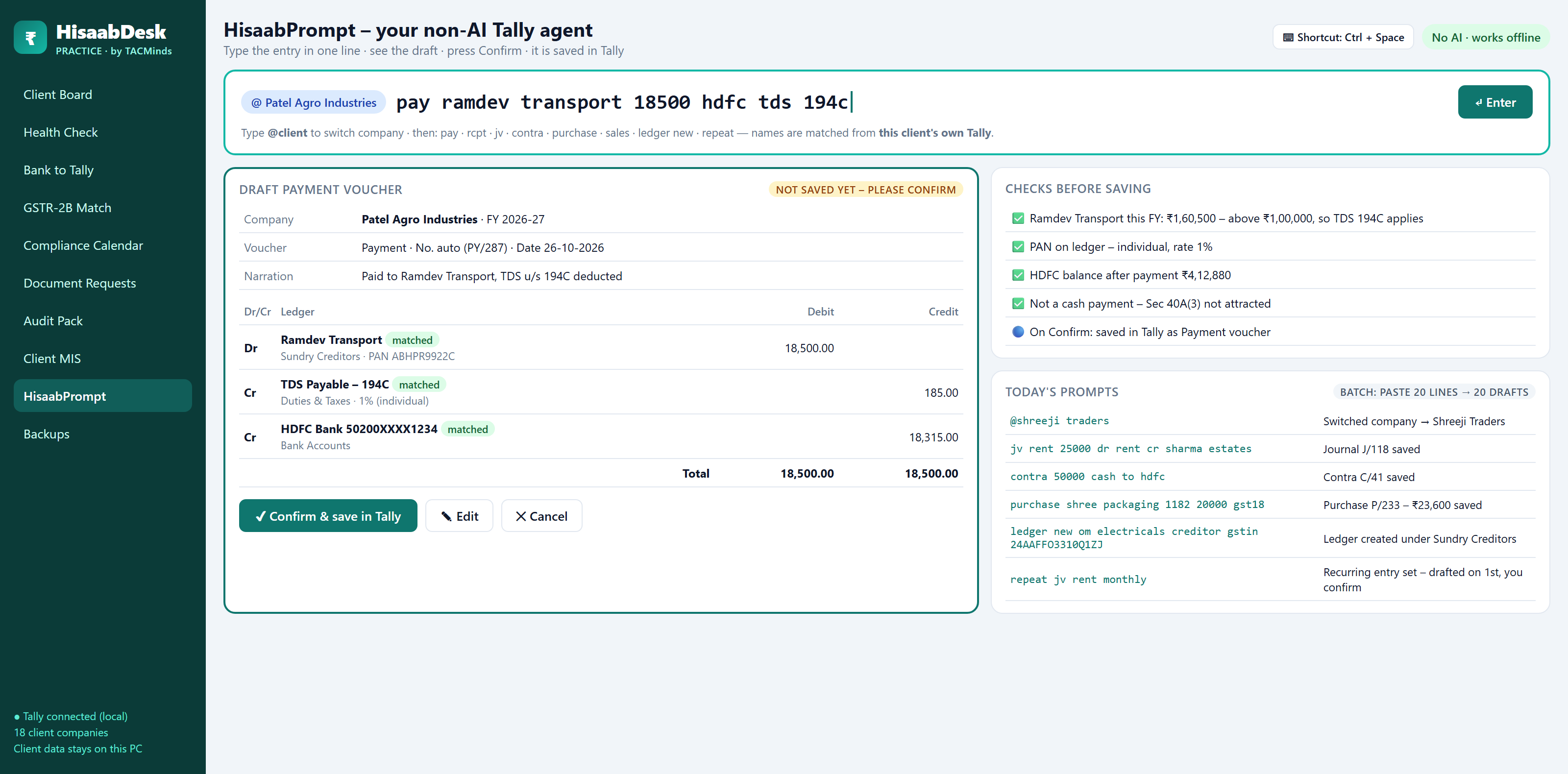 HisaabPrompt: draft payment voucher with TDS 194C, checks before saving and today's prompts